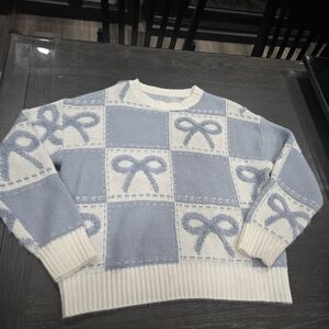 Cozy Blue and Cream Bow Knit Sweater - Women